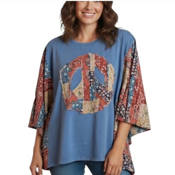 BLUE VELVET PATCHWORK PEACE SIGN PONCHO TOP NWT - Picture 5 of 9